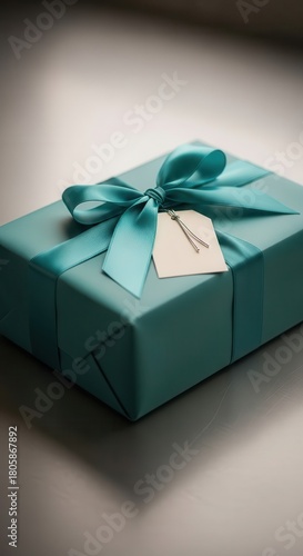 Elegantly wrapped teal present rests upon a softly lit reflective surface