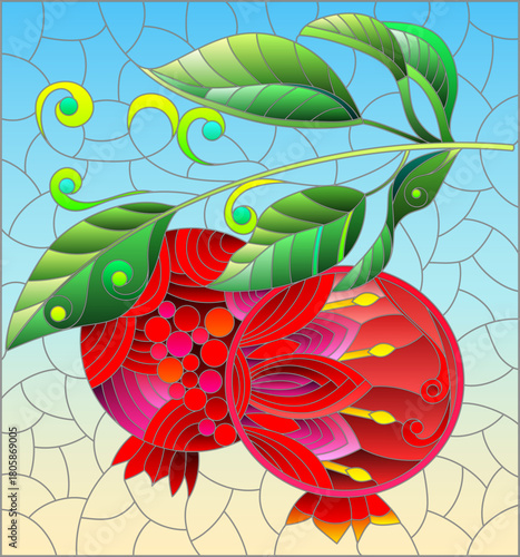 An illustration in the style of a stained glass window with a pomegranate branch on a blue background