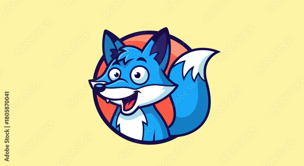Fototapeta premium Cartoon Blue Fox Mascot with Goofy Expression and Circular Backdrop.