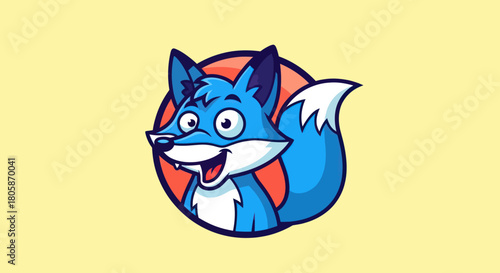 Cartoon Blue Fox Mascot with Goofy Expression and Circular Backdrop.
