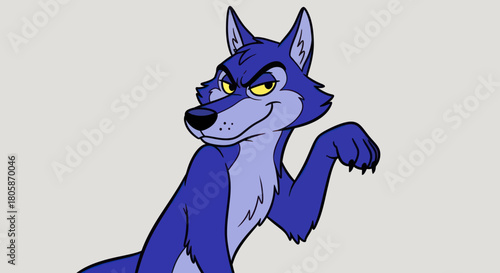Cartoon Blue Wolf Character with Sly Expression.