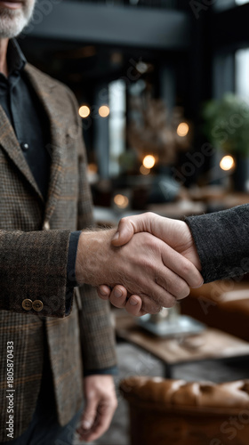Two men shaking hands in business attire in a modern setting.