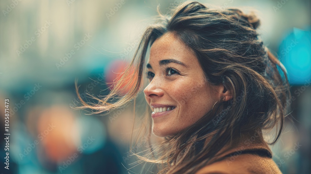 Candid portrait of a smiling woman in urban setting lifestyle photography vibrant city background gigapixel quality