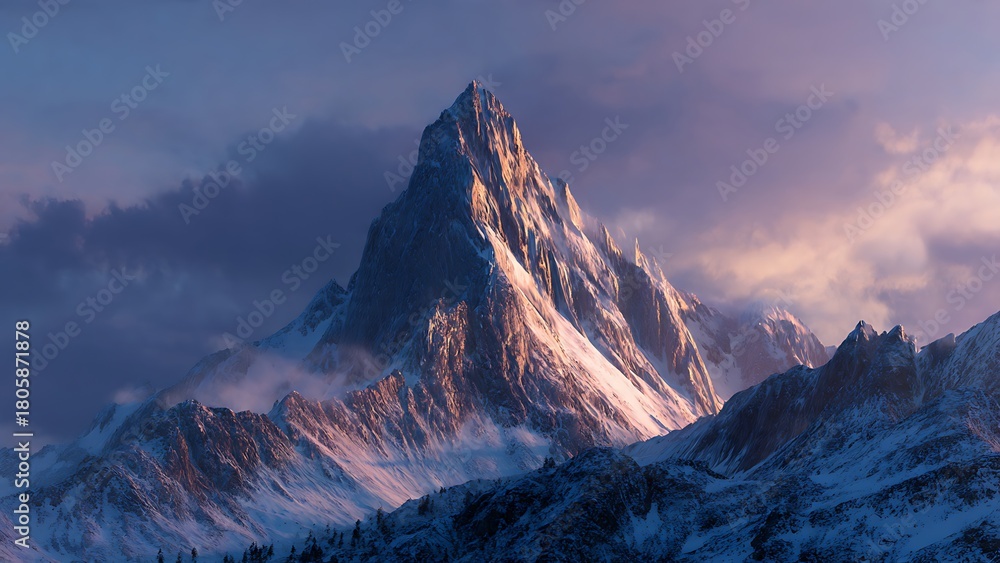 Obraz premium Majestic Mountain Peak Landscape With Snow Capped Summit at Sunlight Nature Scenery Alps Mountain Range Wallpaper Background Summit