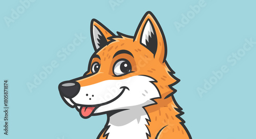 Cheerful fox portrait with orange fur and a happy expression on a light blue background.