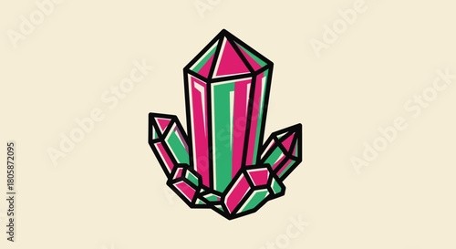 Colorful crystal cluster illustration with vibrant pink and green hues on a neutral background.