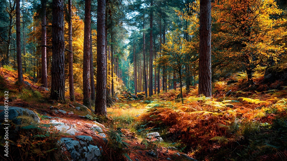 Obraz premium Enchanting Forest Path With Tall Pine Trees Sunlight Beams Through Foliage and Ferns on Ground Autumnal Landscape Scenic Nature Environment and Outdoors View