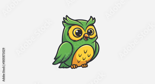 Cute cartoon green owl illustration with yellow eyes and orange beak.