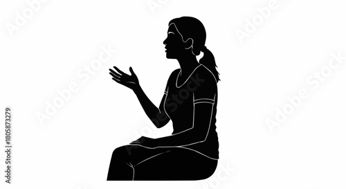 Silhouette of a woman sitting and gesturing with her hand in a thoughtful pose.