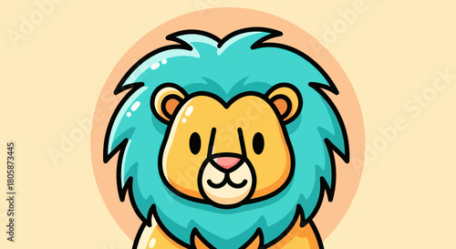 Cute cartoon lion with blue mane and friendly expression, adorable animal.
