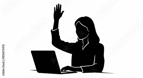 Silhouette of a woman with a laptop raising her hand to ask a question.