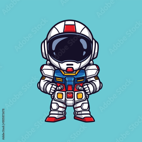A cute chibi astronaut character wearing a white, red, and blue suit, standing against a light blue background.