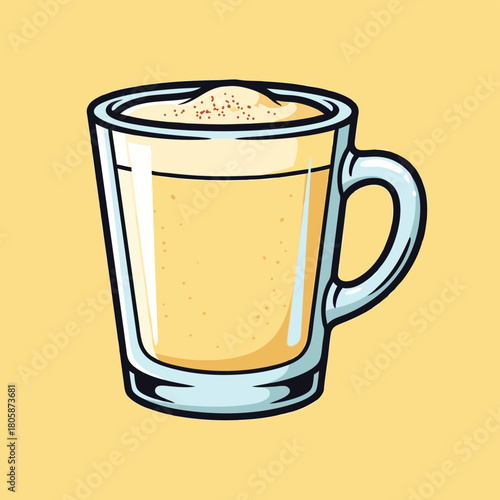 A cartoon illustration of a glass mug filled with a creamy yellow beverage topped with foam and sprinkles on a yellow background.