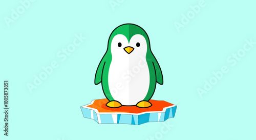 Cute cartoon penguin standing on a small ice floe in the ocean.