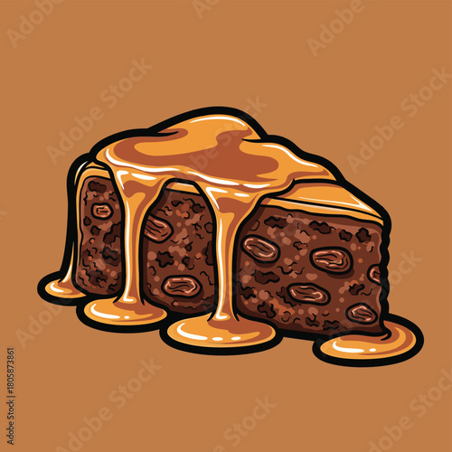 A cartoon illustration of a rich, dark cake slice generously covered in dripping golden caramel sauce, with a solid brown background.