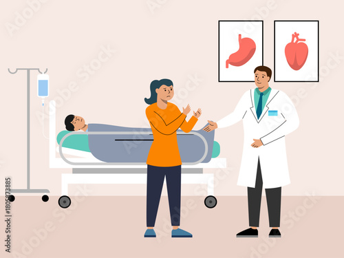 The doctor is talking to the family of a critical patient. Hospital vector illustration. Flat illustration concept.
