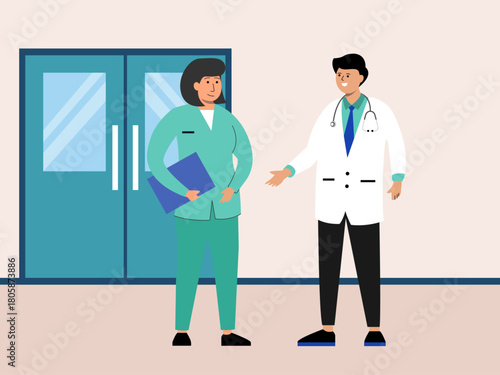 Doctor medical team Job and workers. Hospital vector illustration. Flat illustration concept.