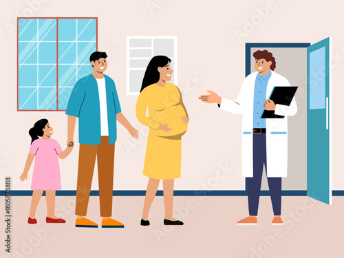 A happy young couple with a pregnant wife visits the doctor with their daughter. Hospital vector illustration. Flat illustration concept.