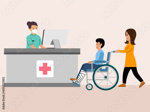 A woman is pushing her partner in a wheelchair to register at the reception. Hospital vector illustration. Flat illustration concept.