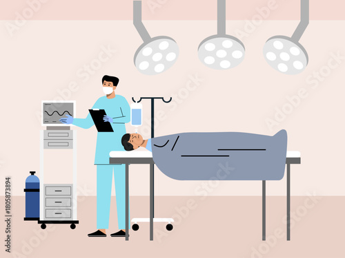Doctor visiting a patient lying in bed at the hospital. Hospital vector illustration. Flat illustration concept.