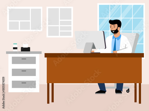 Man doctor in the office. Hospital vector illustration. Flat illustration concept.