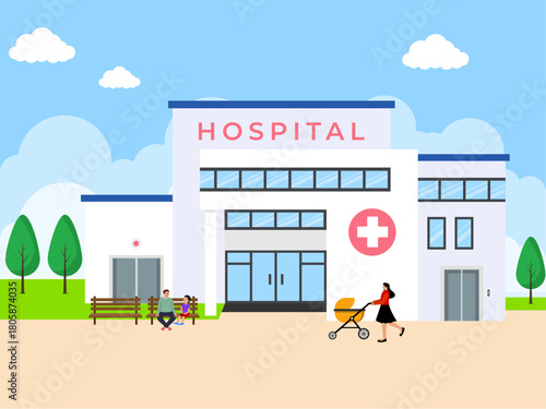 Hospital building for healthcare services with patients in outdoors. Hospital vector illustration. Flat illustration concept.