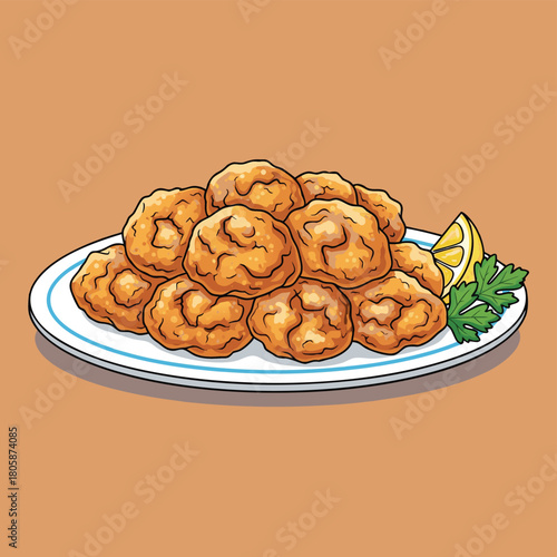 A cartoon illustration of a plate piled high with golden-brown fried food, garnished with a lemon wedge and fresh parsley, set against a solid brown background.