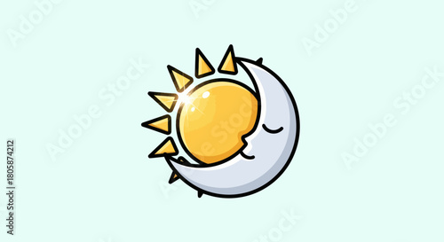 Cute Cartoon Sun and Sleeping Moon Embracing Each Other.