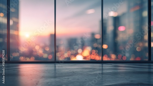 Business, blurred and empty office window with skyline, city and workplace with opportunity. Cityscape, interior and lobby in urban building with sunset, lights and night sky in professional space