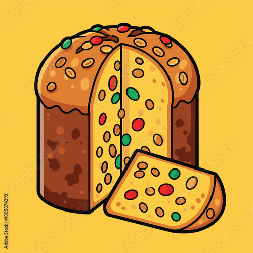Cartoon illustration of a panettone sweet bread with candied fruits, one slice cut out, on a yellow background.