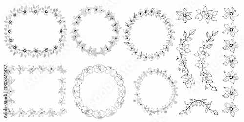 Collection of hand drawn floral elements including wreaths borders and individual flowers in a delicate sketchy style