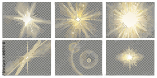 Collection of six abstract golden light bursts and flares on a transparent background