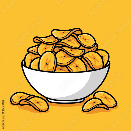 A vibrant cartoon illustration of a white bowl overflowing with crispy golden banana chips, set against a bright yellow background.