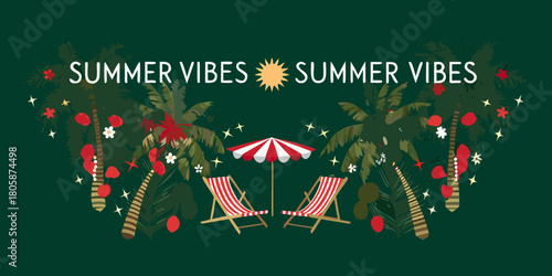 Tropical summer vibes with palm trees beach chairs and umbrella on a dark green background