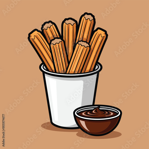 Delicious churros served in a white cup with a small bowl of rich chocolate dipping sauce on a brown background.