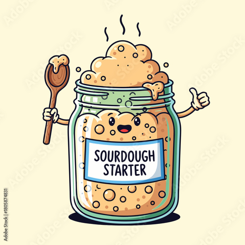 A cheerful cartoon sourdough starter jar with a happy face, holding a spoon and giving a thumbs-up, showing active fermentation.