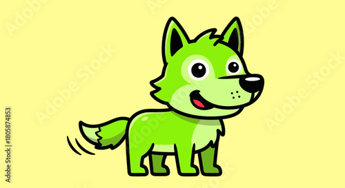 Cute Green Cartoon Wolf Character Standing Happily.