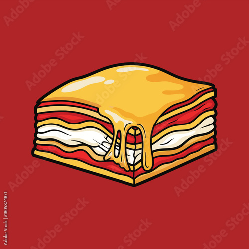 Cartoon illustration of a delicious layered lasagna slice with melted cheese dripping down, on a solid red background.