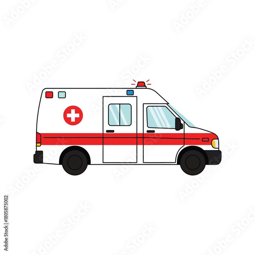 Cartoon ambulance vehicle with red cross isolated on white background