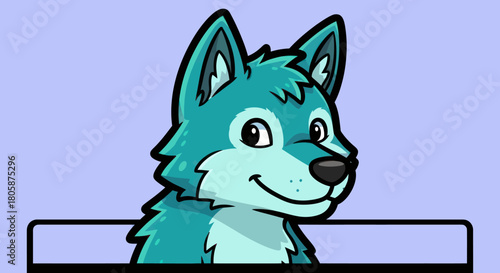 Cute Teal Wolf Character Head Illustration.