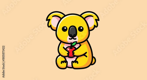 Cute Yellow Koala Holding a Red Apple with Green Leaves.