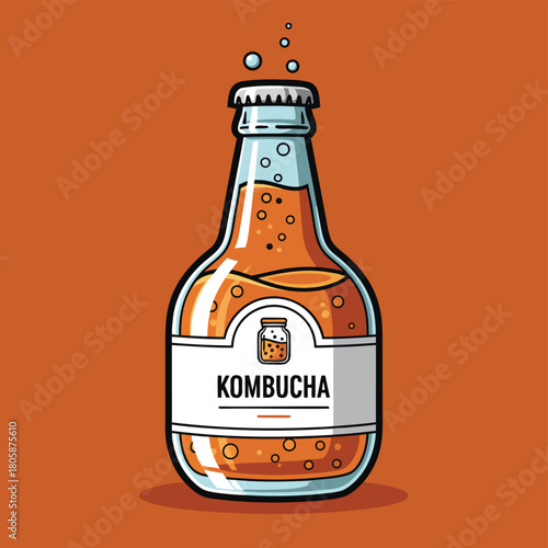 A clear glass bottle of kombucha with a white label and effervescent bubbles on an orange background.