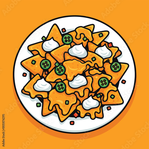 A vibrant cartoon illustration of a plate of cheesy nachos topped with sour cream and jalapeño slices on an orange background, viewed from above.