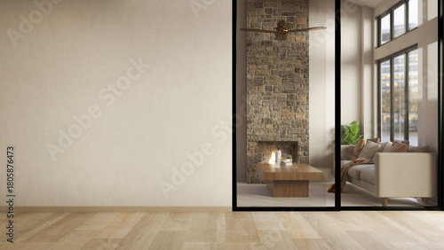 Fototapeta Naklejka Na Ścianę i Meble -  White wall on wood parquet floor and living room with sofa and fireplace through glass sliding door.