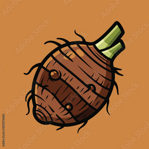 Stylized illustration of a single taro root with brown skin and green stem on a solid background.