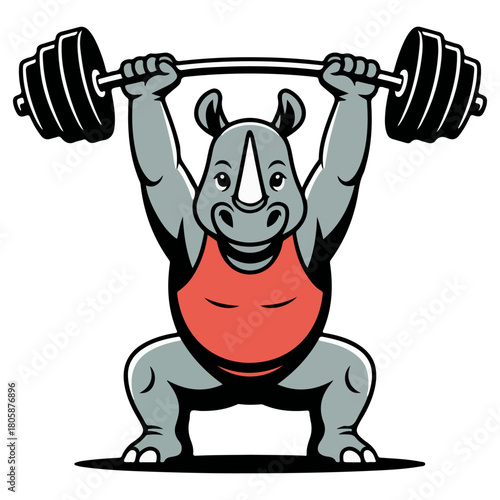 A cartoon rhino character lifting a heavy barbell in a squat position. The rhino is strong and determined in a fitness themed illustration