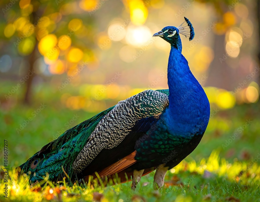 Obraz premium A regal peacock stands proudly in a sun-dappled field