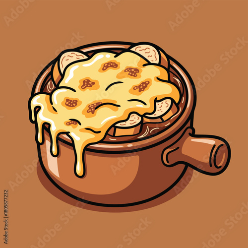 A cartoon illustration of a rustic brown ceramic bowl filled with French onion soup, topped with golden-brown melted cheese and toasted bread croutons, on a solid brown background.