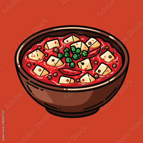 A vibrant cartoon illustration of a bowl of spicy Mapo Tofu with tofu cubes, ground meat, chili, and green onions.