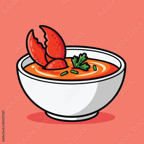 A cartoon illustration of a vibrant orange lobster bisque soup in a white bowl, garnished with a red lobster claw and fresh green parsley, set against a coral background.